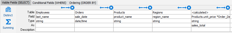The select clause of the build query for the olap cube. The fields described in steps 3 through 8 have been filled in.
